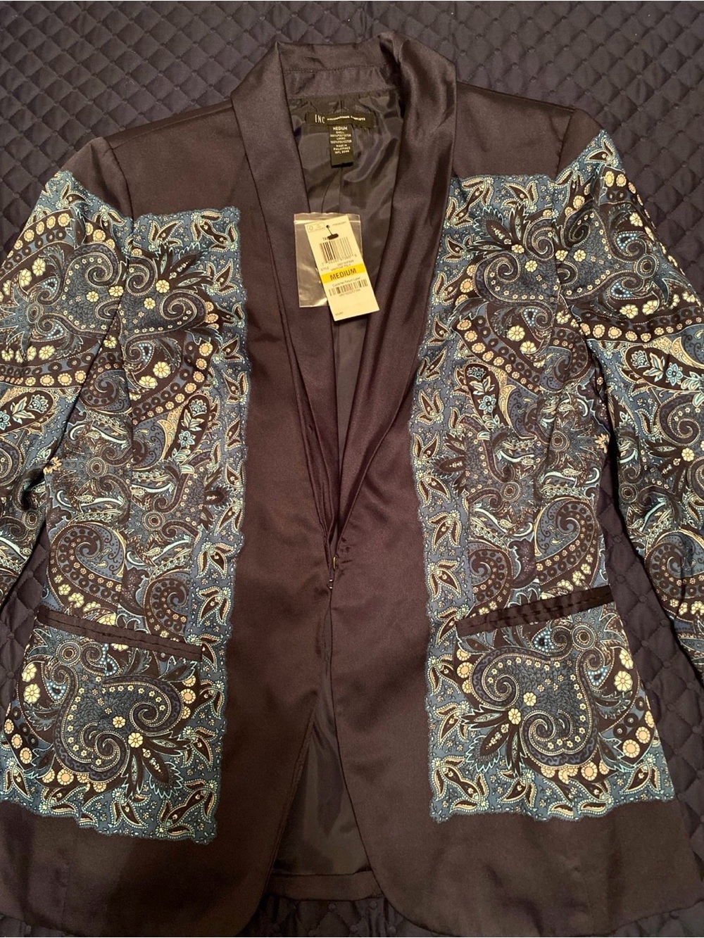 INC International Concepts Black Blazer with Blue Paisley Panels
